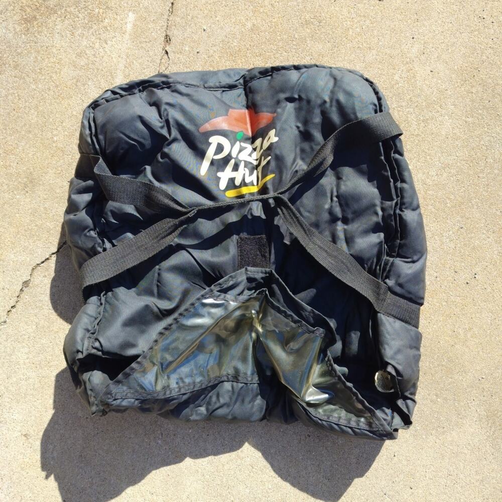 Black Pizza Hut Delivery Bag Logo On top 3 Pizzas